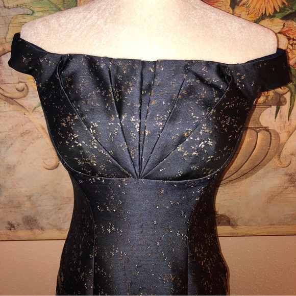 Sz 2 Kay Unger Carina Tea Length Formal Dress Navy Blue, Silver & Gold Metallic - Picture 5 of 16